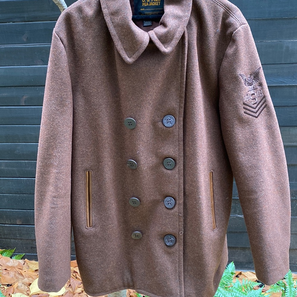 Made in the USA Men’s Wool Peacoat Double Breasted w/leather trimmed pockets.